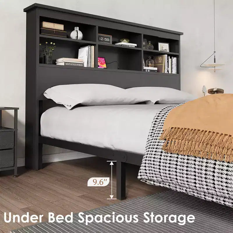 King Size Bed Frame with Bookcase Headboard, King Platform Bed with 2-tier Storage & Charging Station, No Box Spring Needed Easy AssembleBlack