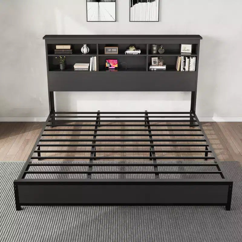 King Size Bed Frame with Bookcase Headboard, King Platform Bed with 2-tier Storage & Charging Station, No Box Spring Needed Easy AssembleBlack