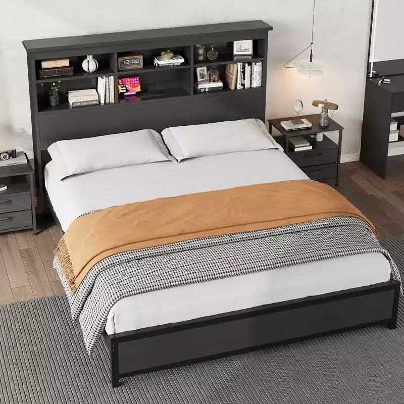 King Size Bed Frame with Bookcase Headboard, King Platform Bed with 2-tier Storage & Charging Station, No Box Spring Needed Easy AssembleBlack