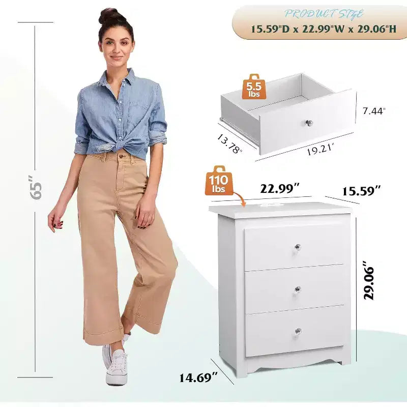 GALAXHERO Tall Nightstand with Charging Station, Wood Nightstand with 3 Drawers, End Table for Bedroom and Dorm, with 2 USB Ports and 2 AC Outlets