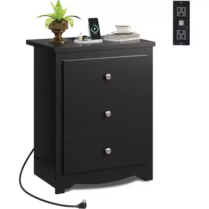 GALAXHERO Tall Nightstand with Charging Station, Wood Nightstand with 3 Drawers, End Table for Bedroom and Dorm, with 2 USB Ports and 2 AC Outlets