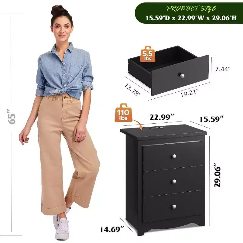 GALAXHERO Tall Nightstand with Charging Station, Wood Nightstand with 3 Drawers, End Table for Bedroom and Dorm, with 2 USB Ports and 2 AC Outlets