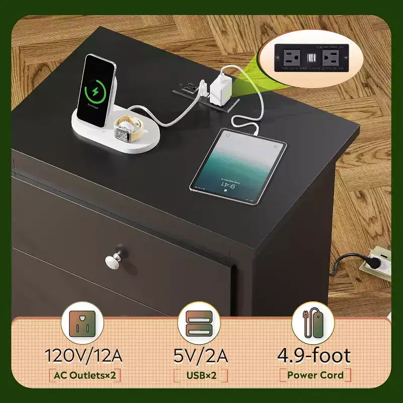 GALAXHERO Tall Nightstand with Charging Station, Wood Nightstand with 3 Drawers, End Table for Bedroom and Dorm, with 2 USB Ports and 2 AC Outlets