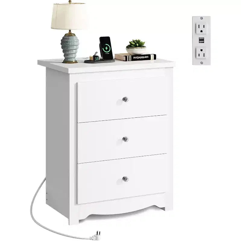 GALAXHERO Tall Nightstand with Charging Station, Wood Nightstand with 3 Drawers, End Table for Bedroom and Dorm, with 2 USB Ports and 2 AC Outlets