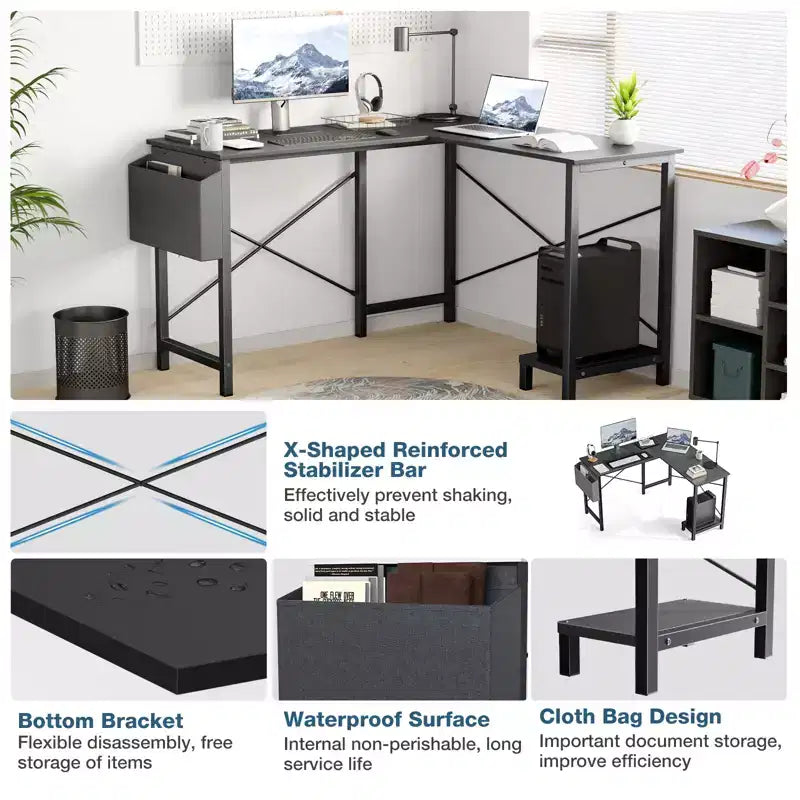 L-Shaped Computer Desk with CPU Storage Shelf and Side Bag 50 Inch Corner Gaming Office Writing Table with Metal Frame-50.00 x 43.30 x 29.50(Black)