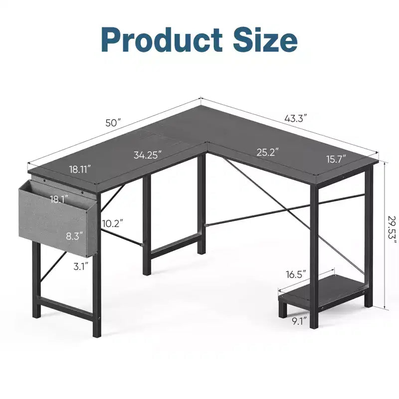 L-Shaped Computer Desk with CPU Storage Shelf and Side Bag 50 Inch Corner Gaming Office Writing Table with Metal Frame-50.00 x 43.30 x 29.50(Black)