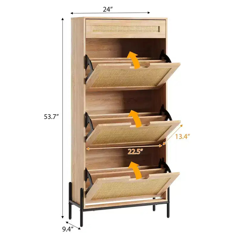 Natural Rattan 3 Flip Door with 1 Drawer Shoe Rack Storage Cabinet, Shoe Cabinet Organizer Freestanding with 3-Tier Adjustable Shelves for Entryway