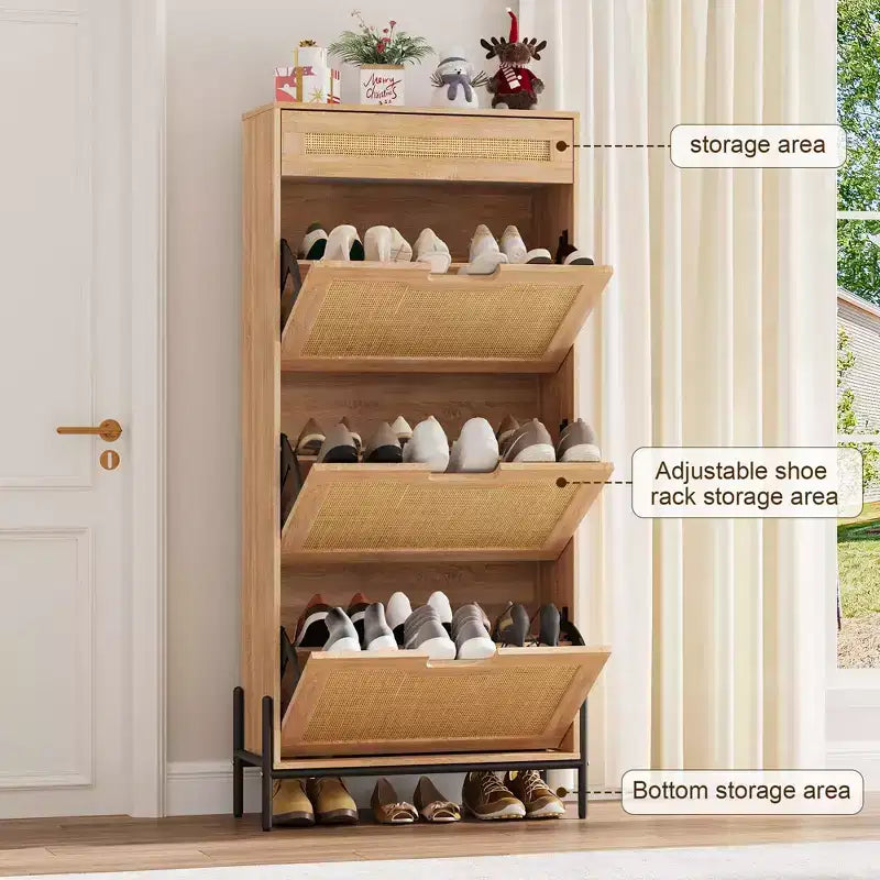 Natural Rattan 3 Flip Door with 1 Drawer Shoe Rack Storage Cabinet, Shoe Cabinet Organizer Freestanding with 3-Tier Adjustable Shelves for Entryway