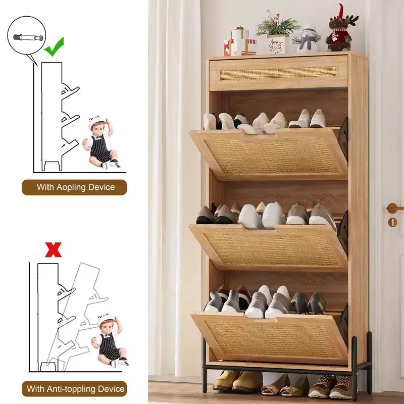 Natural Rattan 3 Flip Door with 1 Drawer Shoe Rack Storage Cabinet, Shoe Cabinet Organizer Freestanding with 3-Tier Adjustable Shelves for Entryway