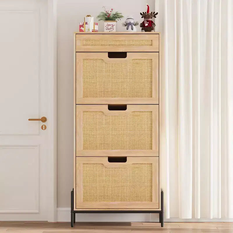 Natural Rattan 3 Flip Door with 1 Drawer Shoe Rack Storage Cabinet, Shoe Cabinet Organizer Freestanding with 3-Tier Adjustable Shelves for Entryway