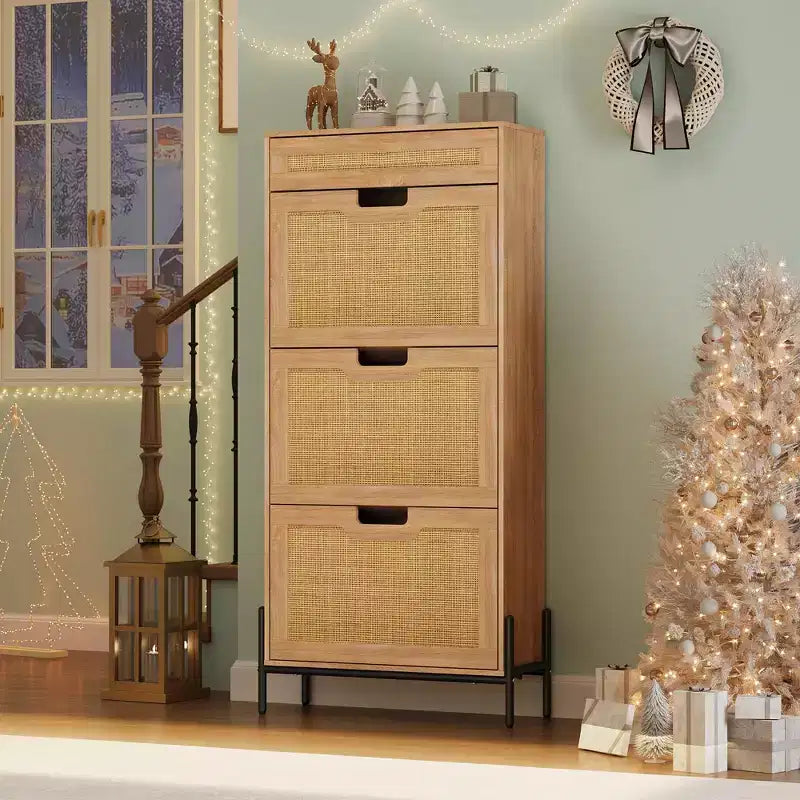 Natural Rattan 3 Flip Door with 1 Drawer Shoe Rack Storage Cabinet, Shoe Cabinet Organizer Freestanding with 3-Tier Adjustable Shelves for Entryway