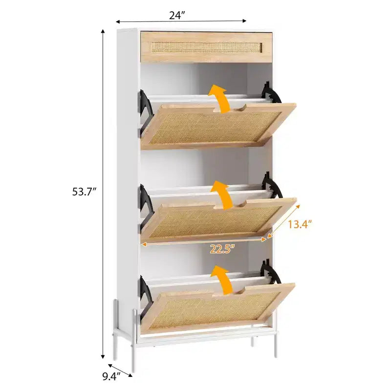 Natural Rattan 3 Flip Door with 1 Drawer Shoe Rack Storage Cabinet, Shoe Cabinet Organizer Freestanding with 3-Tier Adjustable Shelves for Entryway