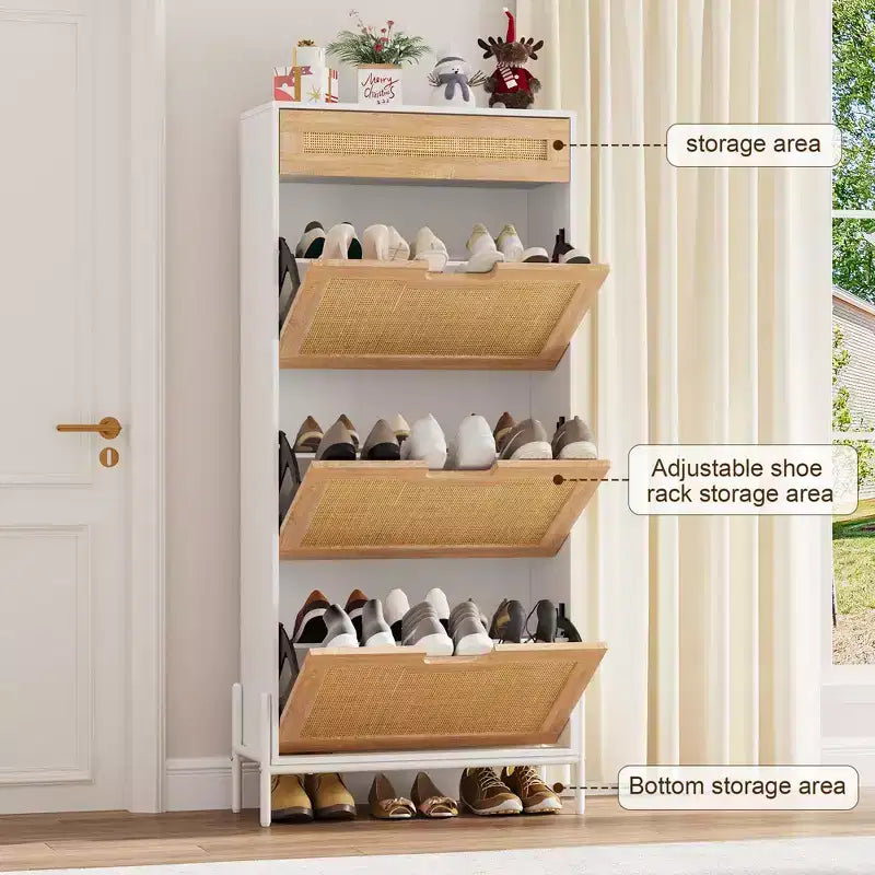 Natural Rattan 3 Flip Door with 1 Drawer Shoe Rack Storage Cabinet, Shoe Cabinet Organizer Freestanding with 3-Tier Adjustable Shelves for Entryway