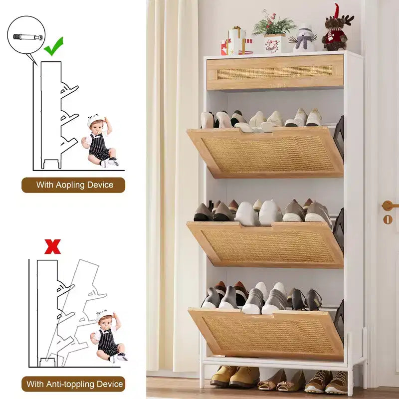 Natural Rattan 3 Flip Door with 1 Drawer Shoe Rack Storage Cabinet, Shoe Cabinet Organizer Freestanding with 3-Tier Adjustable Shelves for Entryway