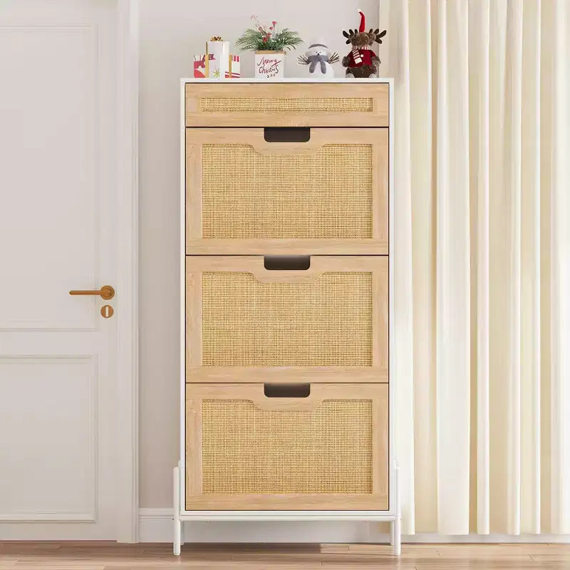 Natural Rattan 3 Flip Door with 1 Drawer Shoe Rack Storage Cabinet, Shoe Cabinet Organizer Freestanding with 3-Tier Adjustable Shelves for Entryway