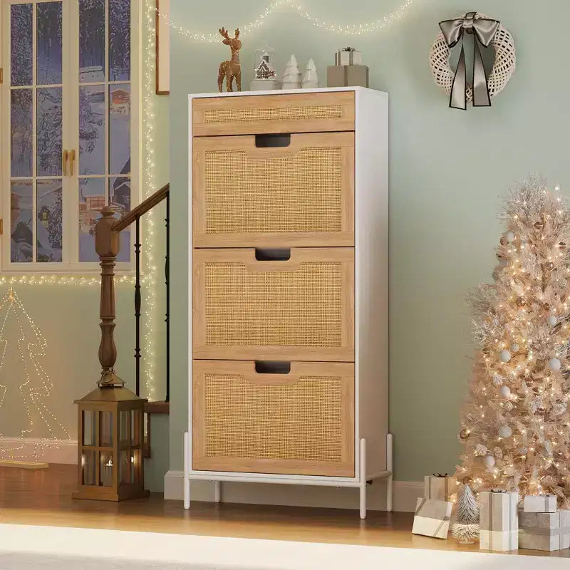 Natural Rattan 3 Flip Door with 1 Drawer Shoe Rack Storage Cabinet, Shoe Cabinet Organizer Freestanding with 3-Tier Adjustable Shelves for Entryway
