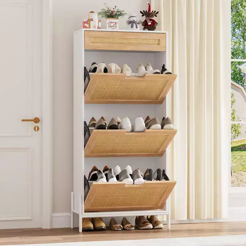 Natural Rattan 3 Flip Door with 1 Drawer Shoe Rack Storage Cabinet, Shoe Cabinet Organizer Freestanding with 3-Tier Adjustable Shelves for Entryway