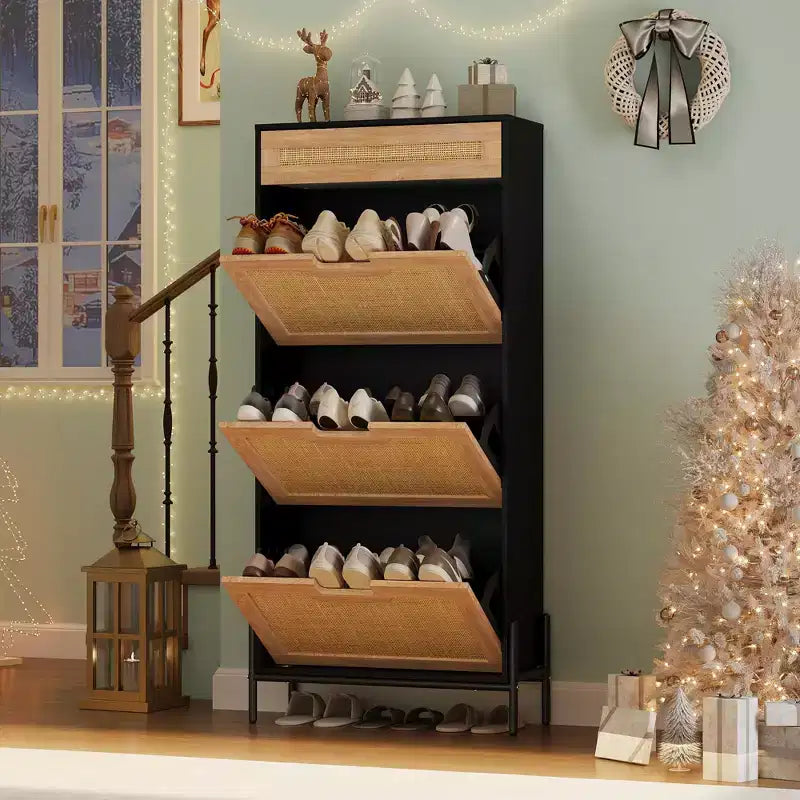 Natural Rattan 3 Flip Door with 1 Drawer Shoe Rack Storage Cabinet, Shoe Cabinet Organizer Freestanding with 3-Tier Adjustable Shelves for Entryway
