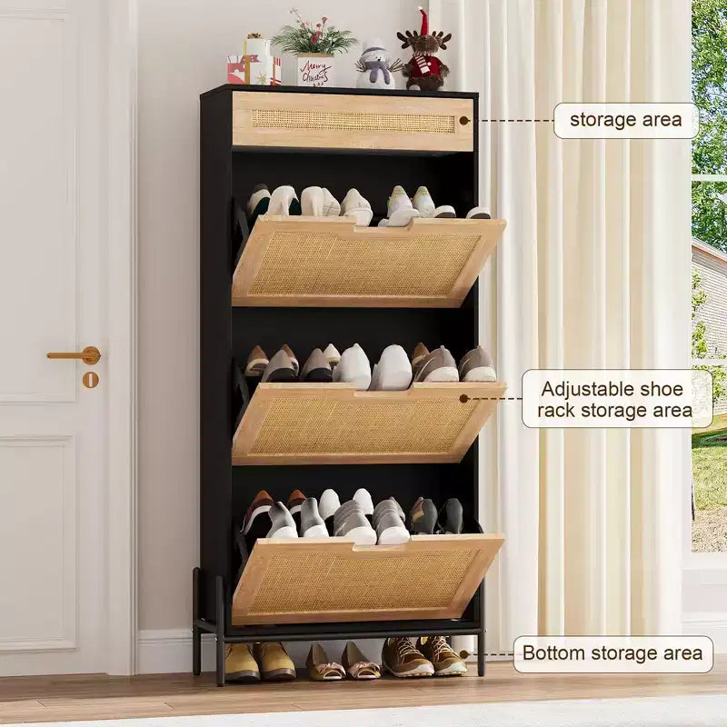 Natural Rattan 3 Flip Door with 1 Drawer Shoe Rack Storage Cabinet, Shoe Cabinet Organizer Freestanding with 3-Tier Adjustable Shelves for Entryway