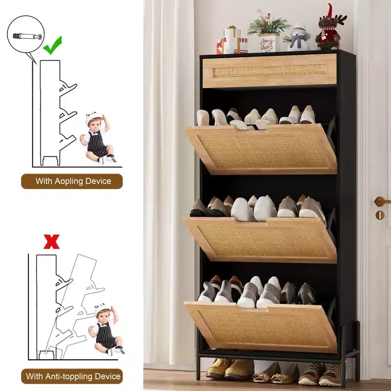 Natural Rattan 3 Flip Door with 1 Drawer Shoe Rack Storage Cabinet, Shoe Cabinet Organizer Freestanding with 3-Tier Adjustable Shelves for Entryway