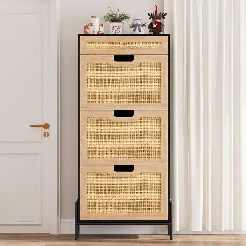Natural Rattan 3 Flip Door with 1 Drawer Shoe Rack Storage Cabinet, Shoe Cabinet Organizer Freestanding with 3-Tier Adjustable Shelves for Entryway