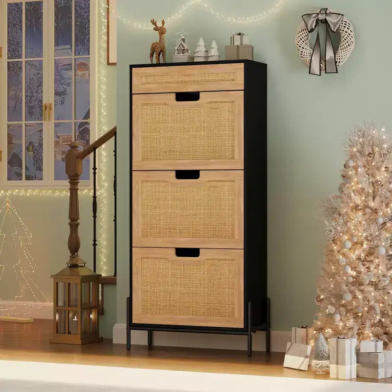 Natural Rattan 3 Flip Door with 1 Drawer Shoe Rack Storage Cabinet, Shoe Cabinet Organizer Freestanding with 3-Tier Adjustable Shelves for Entryway