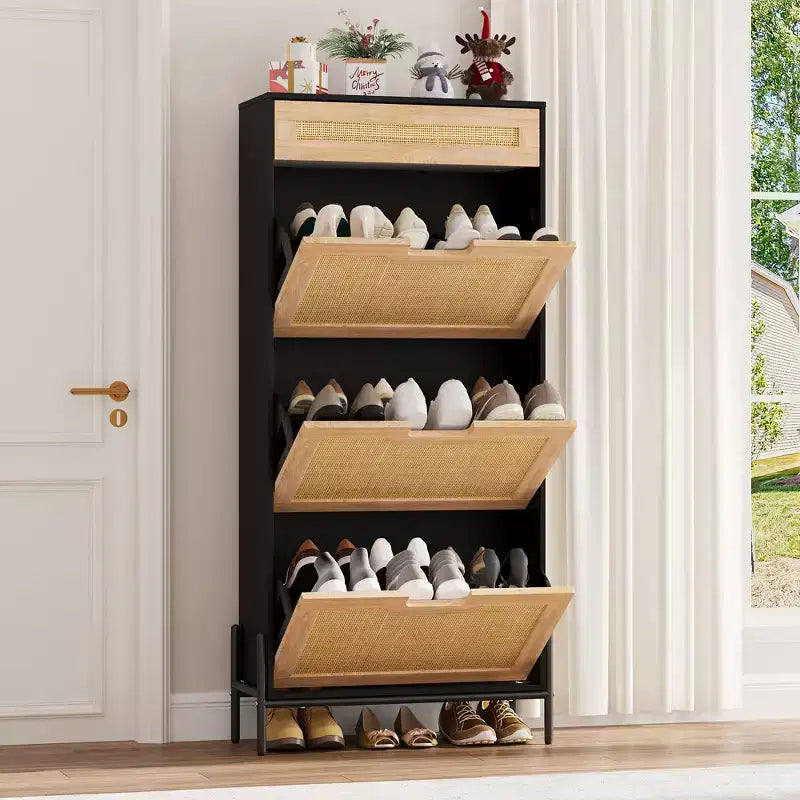 Natural Rattan 3 Flip Door with 1 Drawer Shoe Rack Storage Cabinet, Shoe Cabinet Organizer Freestanding with 3-Tier Adjustable Shelves for Entryway