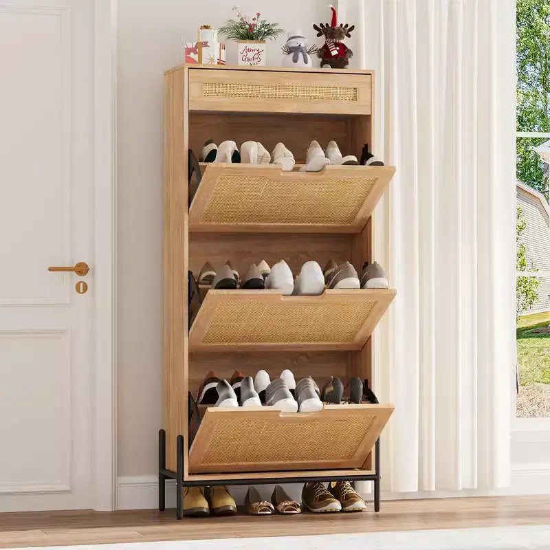 Natural Rattan 3 Flip Door with 1 Drawer Shoe Rack Storage Cabinet, Shoe Cabinet Organizer Freestanding with 3-Tier Adjustable Shelves for Entryway