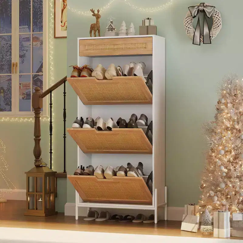 Natural Rattan 3 Flip Door with 1 Drawer Shoe Rack Storage Cabinet, Shoe Cabinet Organizer Freestanding with 3-Tier Adjustable Shelves for Entryway