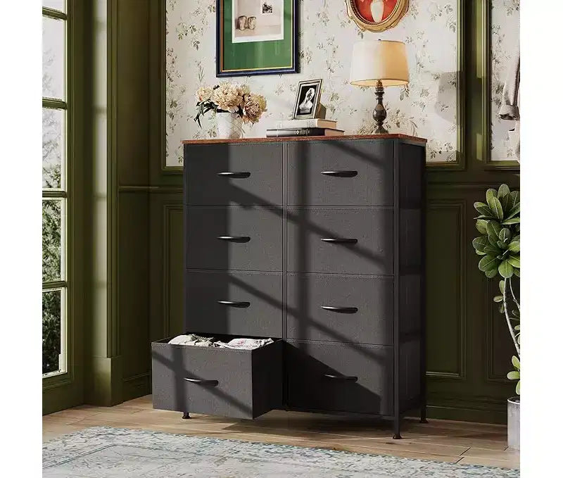 Dresser Tower with 8 Drawers  Tall Fabric Storage Organizer for Bedroom, Closet, Dorm & Hallway  Double Chest Unit, Black and Rustic Brown