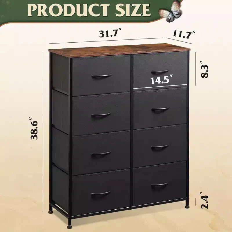 Dresser Tower with 8 Drawers  Tall Fabric Storage Organizer for Bedroom, Closet, Dorm & Hallway  Double Chest Unit, Black and Rustic Brown