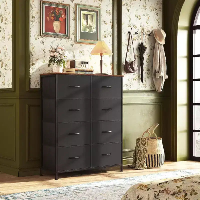 Dresser Tower with 8 Drawers  Tall Fabric Storage Organizer for Bedroom, Closet, Dorm & Hallway  Double Chest Unit, Black and Rustic Brown
