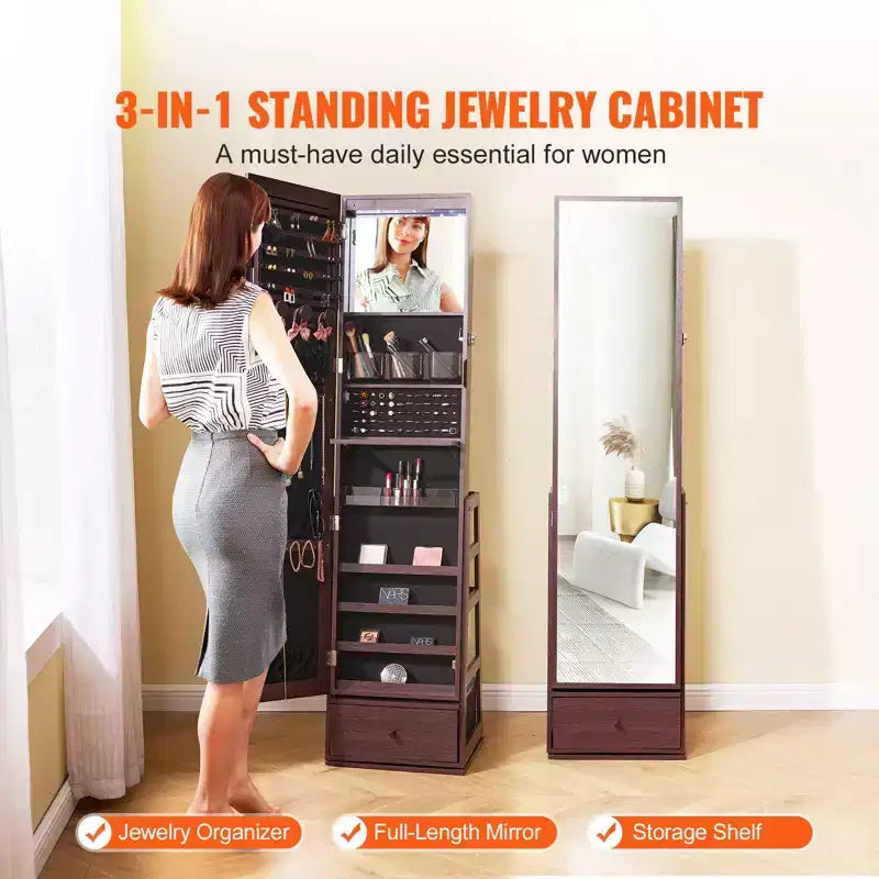 VEVOR Mirror Jewelry Cabinet, 360 Swivel Standing Mirror with Storage, Lockable Jewelry Mirror Organizer with Full Length Mirror, Brown