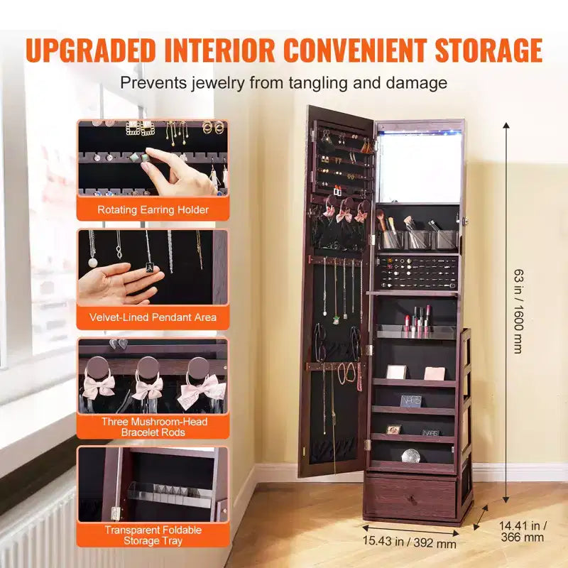 VEVOR Mirror Jewelry Cabinet, 360 Swivel Standing Mirror with Storage, Lockable Jewelry Mirror Organizer with Full Length Mirror, Brown