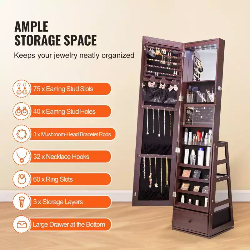 VEVOR Mirror Jewelry Cabinet, 360 Swivel Standing Mirror with Storage, Lockable Jewelry Mirror Organizer with Full Length Mirror, Brown