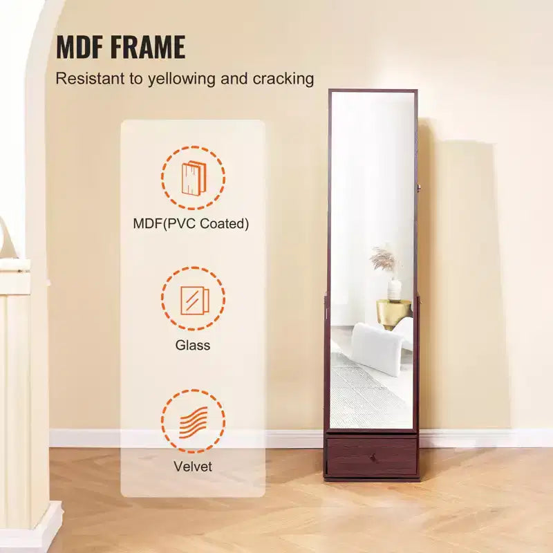 VEVOR Mirror Jewelry Cabinet, 360 Swivel Standing Mirror with Storage, Lockable Jewelry Mirror Organizer with Full Length Mirror, Brown