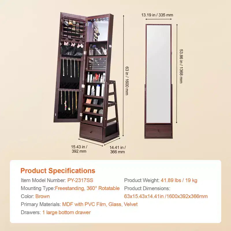 VEVOR Mirror Jewelry Cabinet, 360 Swivel Standing Mirror with Storage, Lockable Jewelry Mirror Organizer with Full Length Mirror, Brown