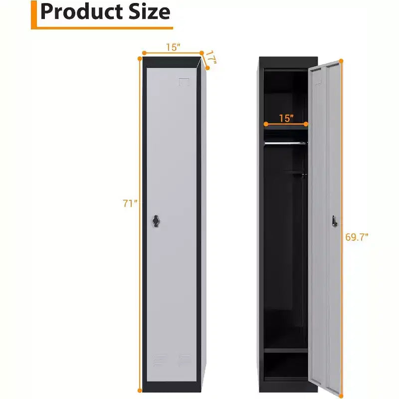72 Metal Storage Cabinet with 1 Door, Lockers for Employees Students with Shelves, Metal Storage Steel Locker for School Office Gym, Grey+Black