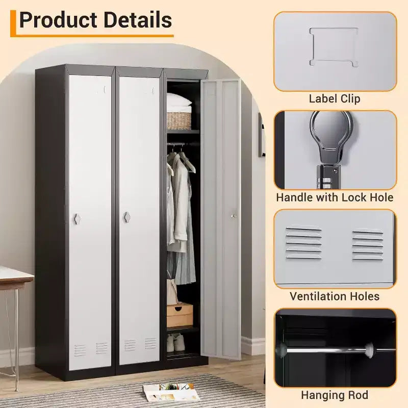 72 Metal Storage Cabinet with 1 Door, Lockers for Employees Students with Shelves, Metal Storage Steel Locker for School Office Gym, Grey+Black