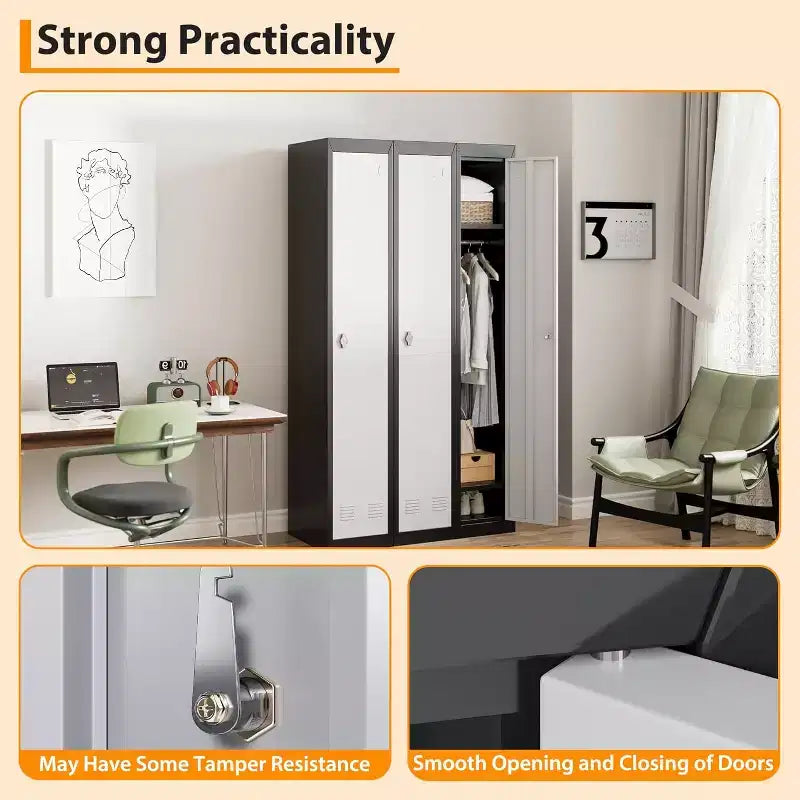 72 Metal Storage Cabinet with 1 Door, Lockers for Employees Students with Shelves, Metal Storage Steel Locker for School Office Gym, Grey+Black