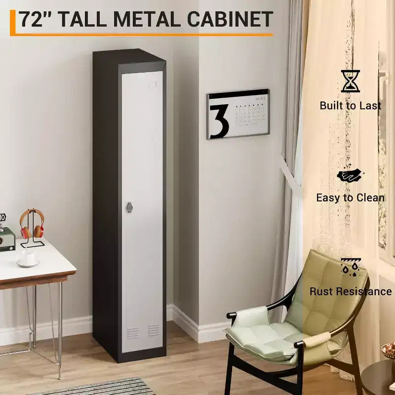 72 Metal Storage Cabinet with 1 Door, Lockers for Employees Students with Shelves, Metal Storage Steel Locker for School Office Gym, Grey+Black