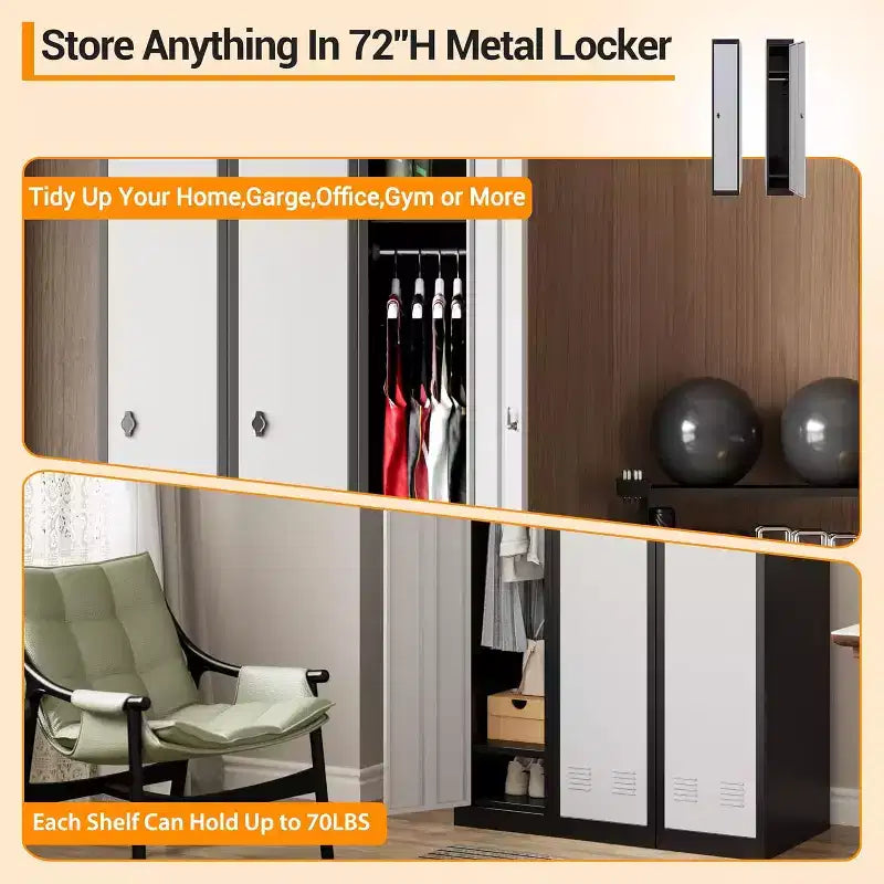 72 Metal Storage Cabinet with 1 Door, Lockers for Employees Students with Shelves, Metal Storage Steel Locker for School Office Gym, Grey+Black