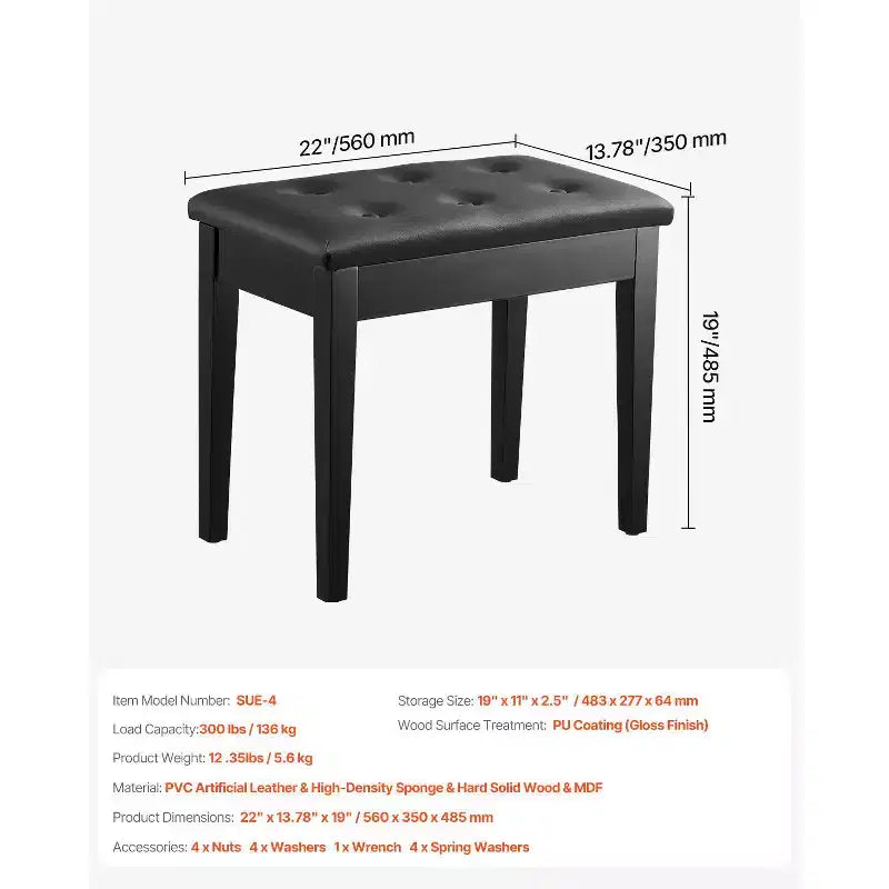 VEVOR Piano Bench, 22 x 13.78 x 19, Keyboard Piano Chair with High-Density Padded Cushion, Storage Compartment for Music Books, Black