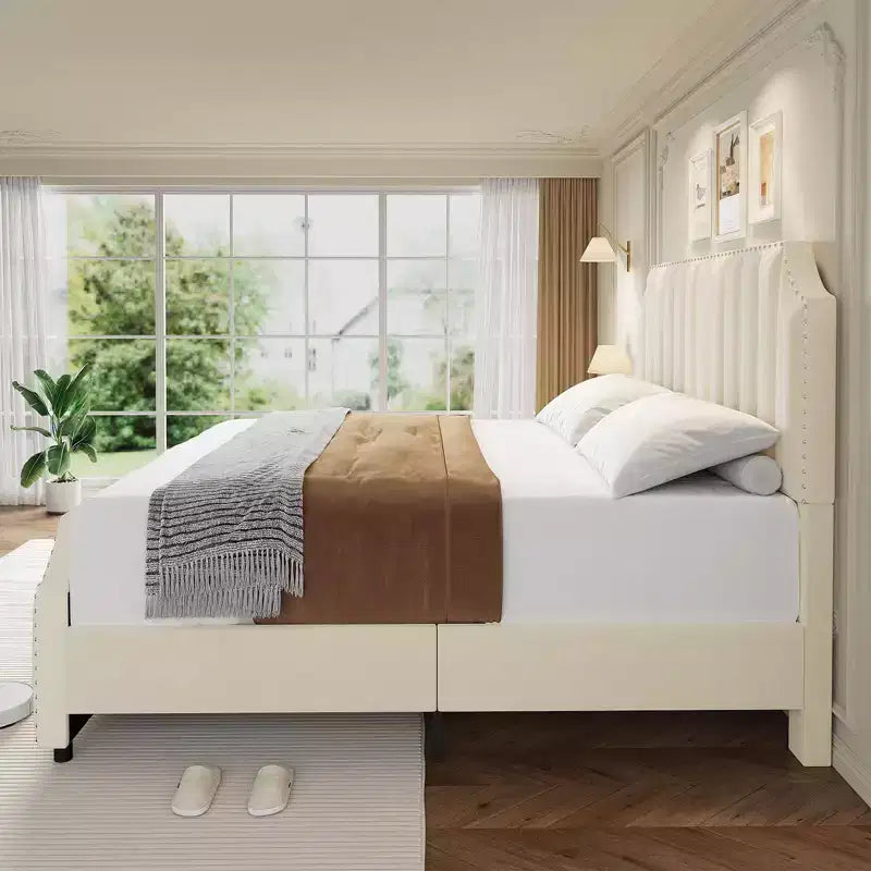 Queen Size Upholstered Bed Frame, Vertical Lines Platform Bed with Velvet Headboard and Footboard, Metal Mattress Foundation