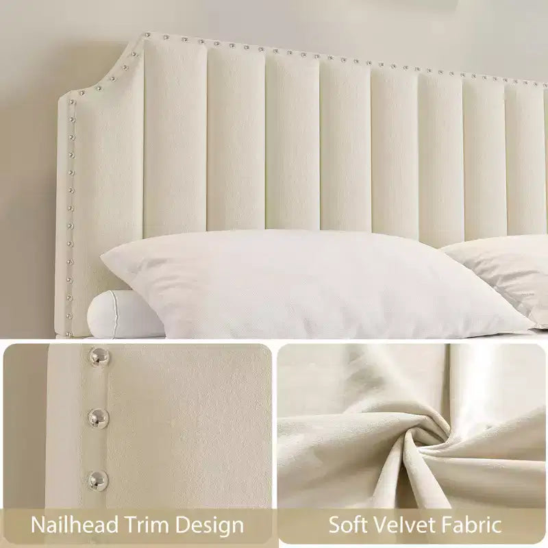 Queen Size Upholstered Bed Frame, Vertical Lines Platform Bed with Velvet Headboard and Footboard, Metal Mattress Foundation