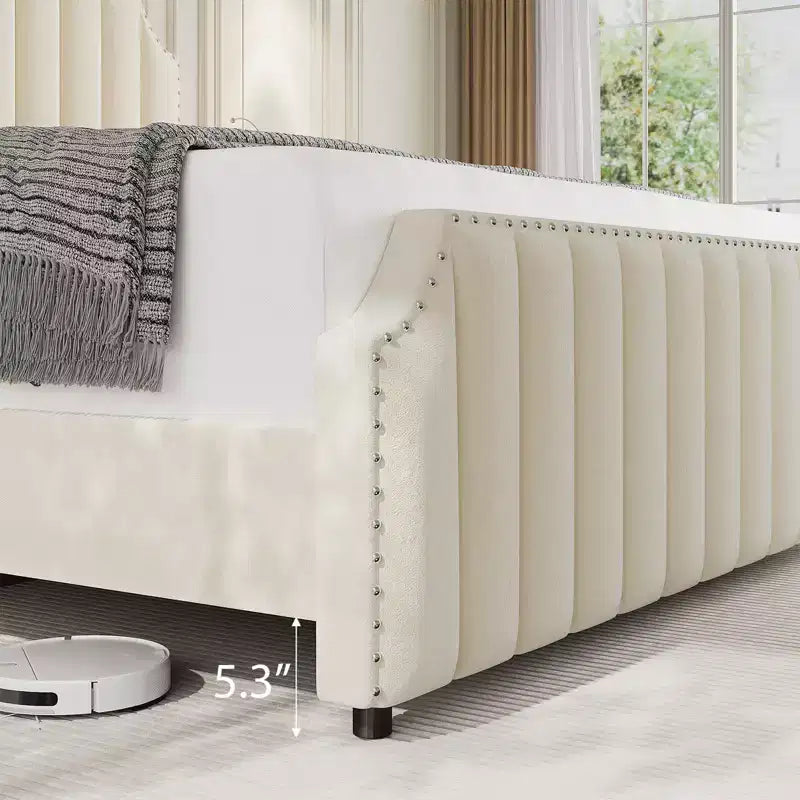 Queen Size Upholstered Bed Frame, Vertical Lines Platform Bed with Velvet Headboard and Footboard, Metal Mattress Foundation