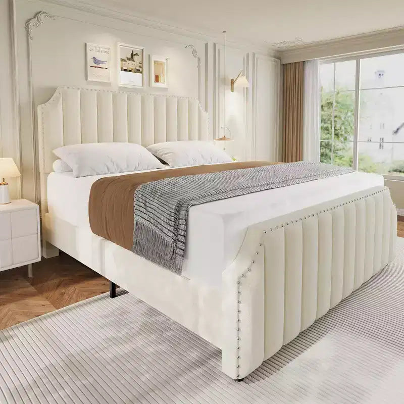 Queen Size Upholstered Bed Frame, Vertical Lines Platform Bed with Velvet Headboard and Footboard, Metal Mattress Foundation