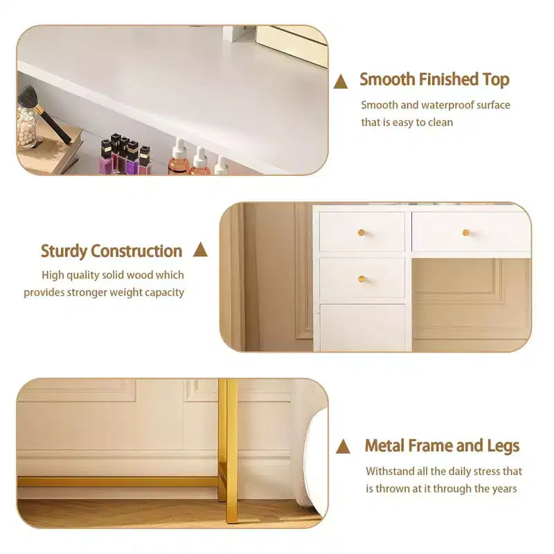 Makeup Vanity Desk with Mirror and Lights, 25.6 HD Lighted Mirror Dressing Table with 3 Drawers, 8 Shelves, for Bedroom Dressing Room- White