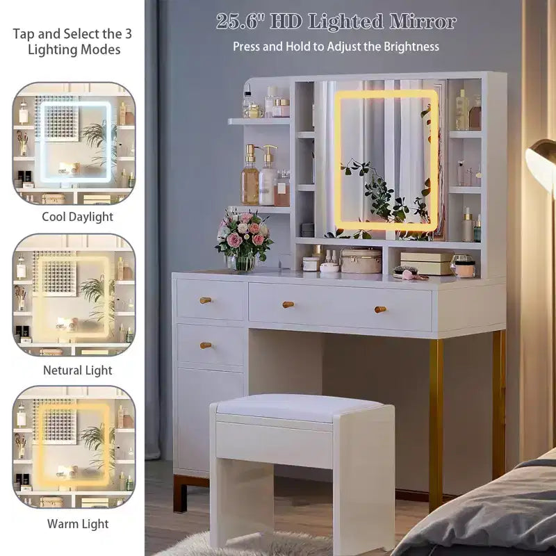 Makeup Vanity Desk with Mirror and Lights, 25.6 HD Lighted Mirror Dressing Table with 3 Drawers, 8 Shelves, for Bedroom Dressing Room- White