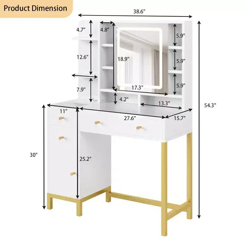 Makeup Vanity Desk with Mirror and Lights, 25.6 HD Lighted Mirror Dressing Table with 3 Drawers, 8 Shelves, for Bedroom Dressing Room- White